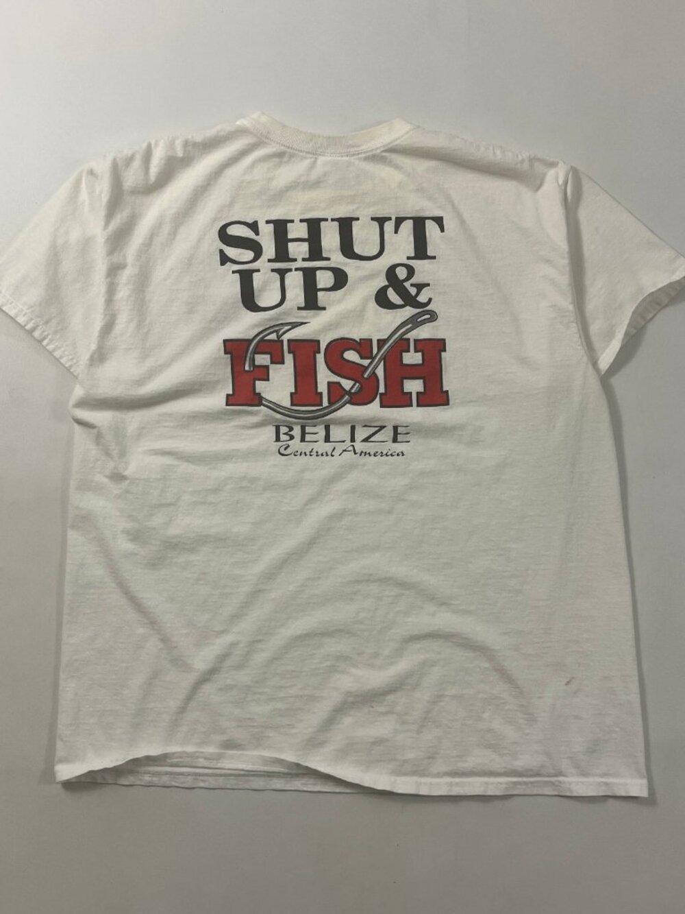 Vintage Y2K Fruit of the Loom Shut Up & Fish Belize Central America White Tee XL
